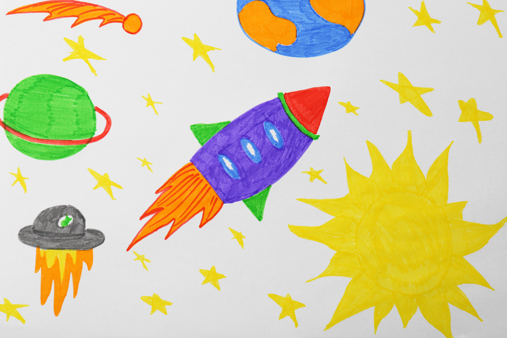 Child's Drawing of Rocket in Space